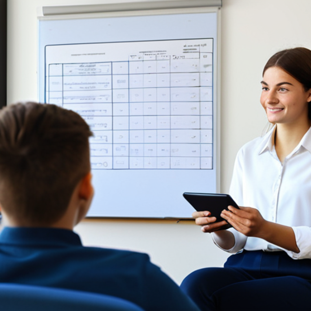 A professional female youth coach, fully clothed in modest business attire, sits across from a male teenager, also fully clothed in appropriate casual wear, within a bright, modern coaching office. They are both looking at a digital tablet displaying a clear, professional-looking progress chart or graph, which the coach points to gently. The teenager shows an expression of understanding and engagement. The background features subtle office decor like a whiteboard with abstract notes or a potted plant. Perfect anatomy, correct proportions, natural pose, well-formed hands, proper finger count, natural body proportions, safe for work, appropriate content, fully clothed, professional, family-friendly.