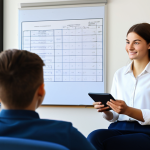 A professional female youth coach, fully clothed in modest business attire, sits across from a male teenager, also fully clothed in appropriate casual wear, within a bright, modern coaching office. They are both looking at a digital tablet displaying a clear, professional-looking progress chart or graph, which the coach points to gently. The teenager shows an expression of understanding and engagement. The background features subtle office decor like a whiteboard with abstract notes or a potted plant. Perfect anatomy, correct proportions, natural pose, well-formed hands, proper finger count, natural body proportions, safe for work, appropriate content, fully clothed, professional, family-friendly.