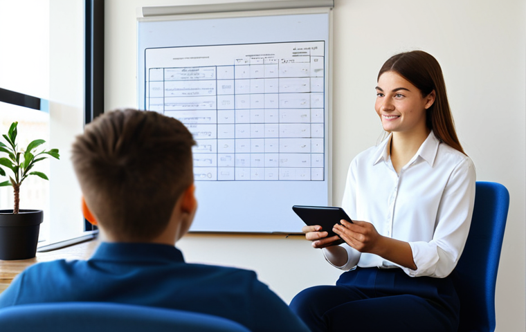 A professional female youth coach, fully clothed in modest business attire, sits across from a male teenager, also fully clothed in appropriate casual wear, within a bright, modern coaching office. They are both looking at a digital tablet displaying a clear, professional-looking progress chart or graph, which the coach points to gently. The teenager shows an expression of understanding and engagement. The background features subtle office decor like a whiteboard with abstract notes or a potted plant. Perfect anatomy, correct proportions, natural pose, well-formed hands, proper finger count, natural body proportions, safe for work, appropriate content, fully clothed, professional, family-friendly.