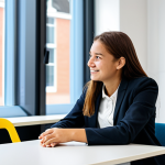 A compassionate female youth care professional in a modest, professional business casual outfit, sitting at a modern table in a brightly lit, contemporary Dutch youth care office. She is engaged in a supportive, professional conversation with a fully clothed, diverse young person. The atmosphere is collaborative and empathetic. Professional photography, high-quality, fully clothed, appropriate attire, safe for work, perfect anatomy, correct proportions, natural pose, well-formed hands, proper finger count, natural body proportions, appropriate content, professional, family-friendly.