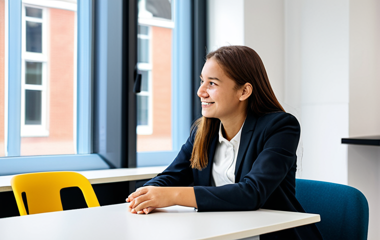 A compassionate female youth care professional in a modest, professional business casual outfit, sitting at a modern table in a brightly lit, contemporary Dutch youth care office. She is engaged in a supportive, professional conversation with a fully clothed, diverse young person. The atmosphere is collaborative and empathetic. Professional photography, high-quality, fully clothed, appropriate attire, safe for work, perfect anatomy, correct proportions, natural pose, well-formed hands, proper finger count, natural body proportions, appropriate content, professional, family-friendly.